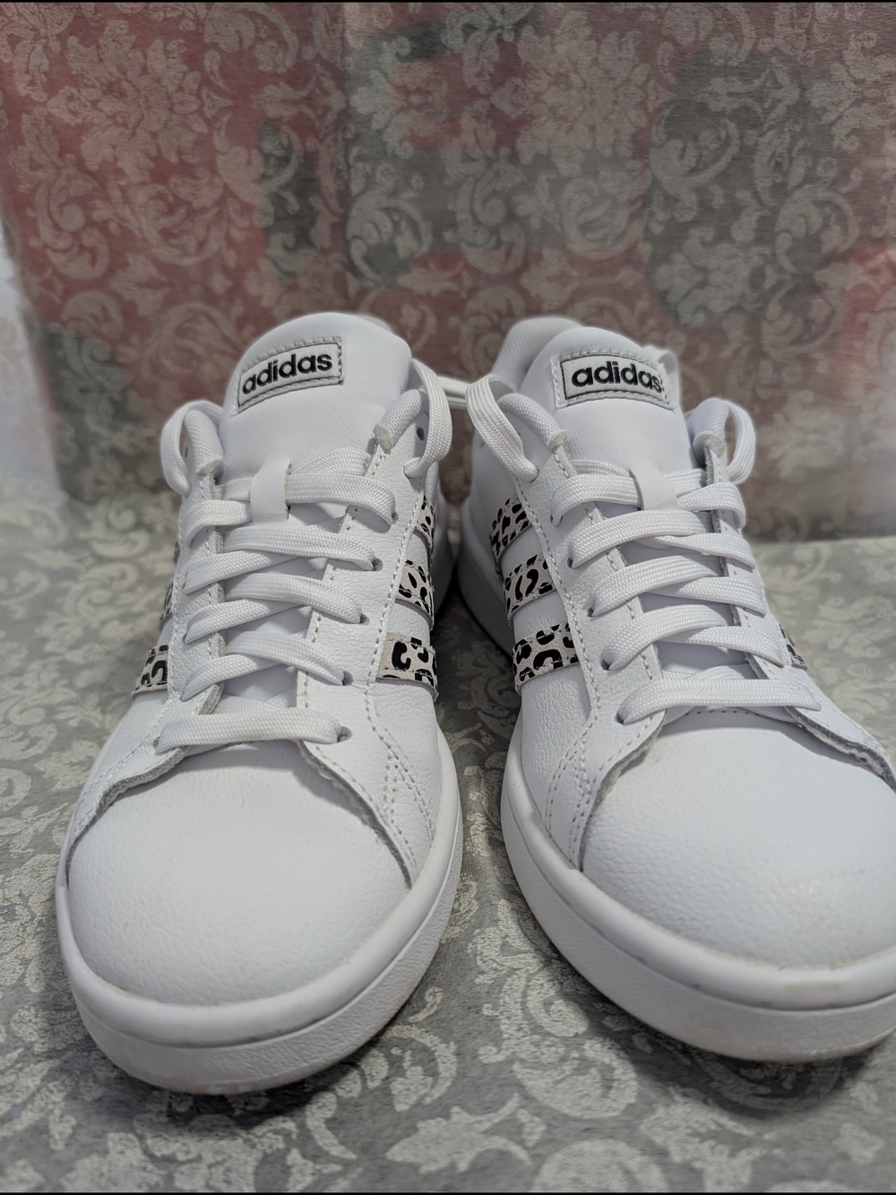 Adidas White Sneakers with Black Leopard Stripe